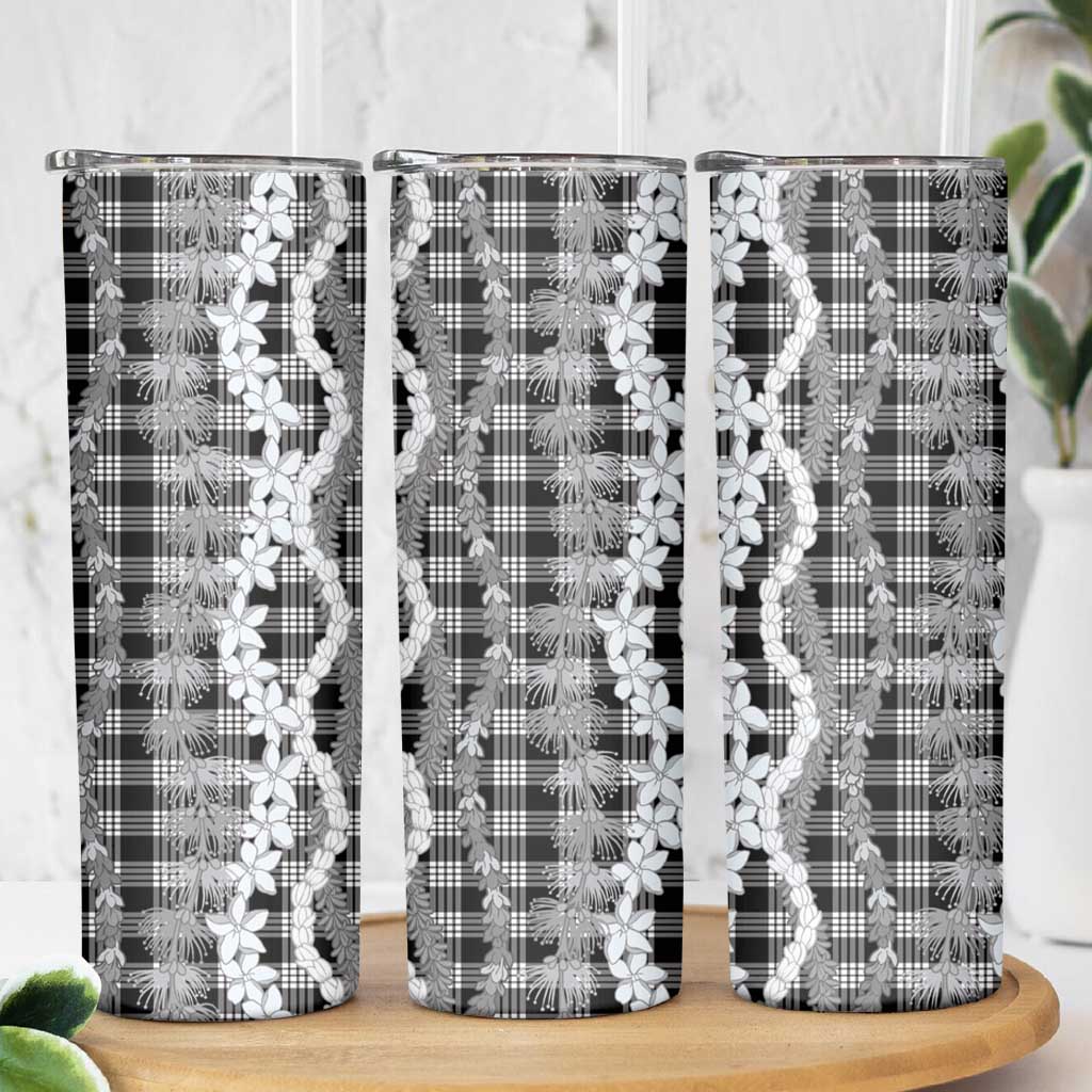 Hawaiian Ohia Lehua Lei Skinny Tumbler Plaid Palaka Eleele Pattern - Polynesian Pride