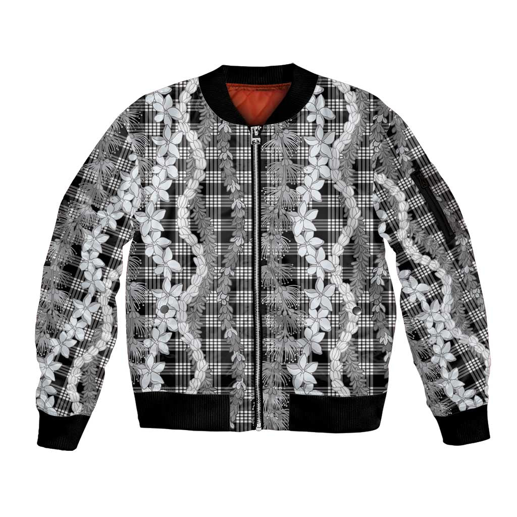Hawaiian Ohia Lehua Lei Sleeve Zip Bomber Jacket Plaid Palaka Eleele Pattern LT9 Unisex Black - Polynesian Pride