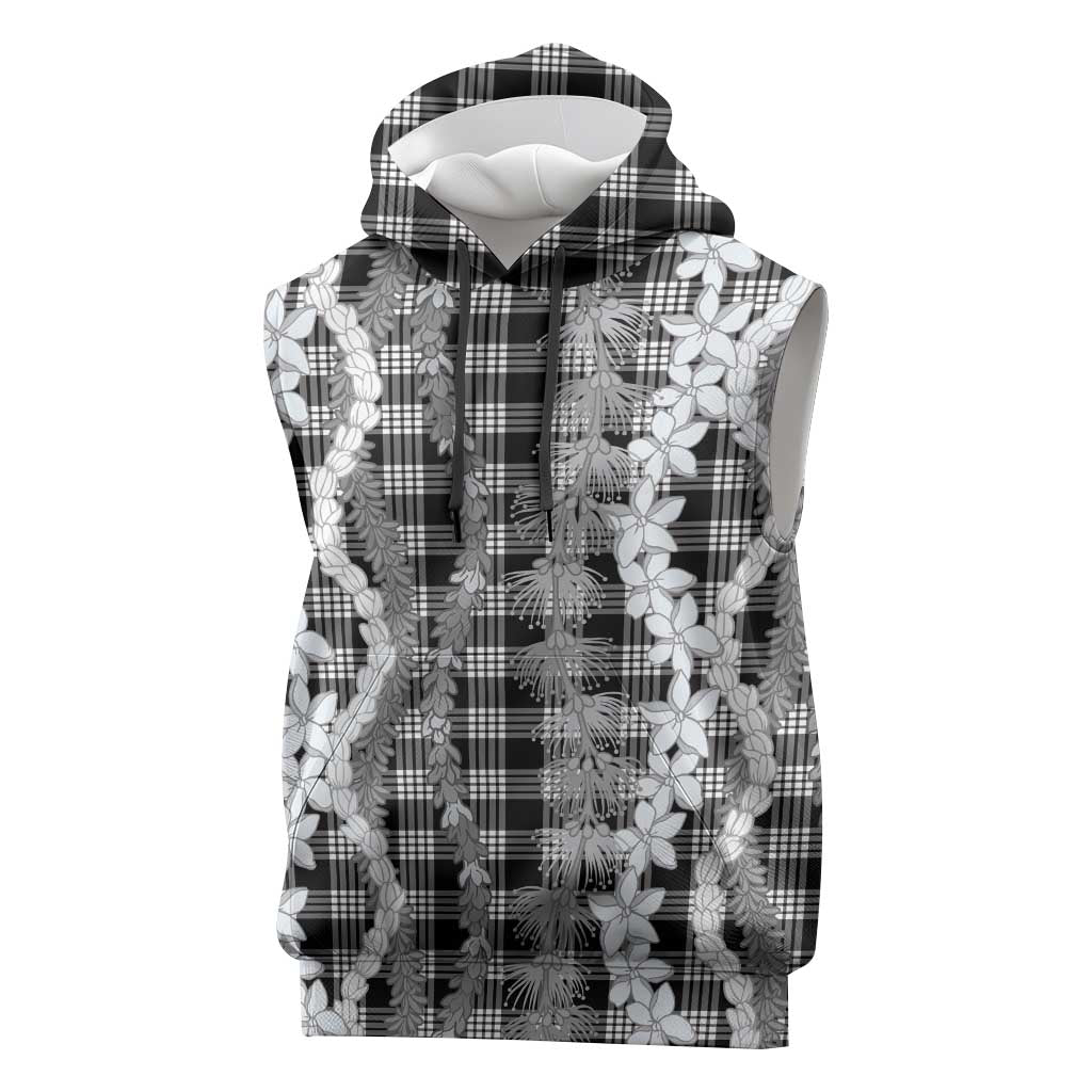 Hawaiian Ohia Lehua Lei Sleeveless Hoodie Plaid Palaka Eleele Pattern LT9 Black - Polynesian Pride