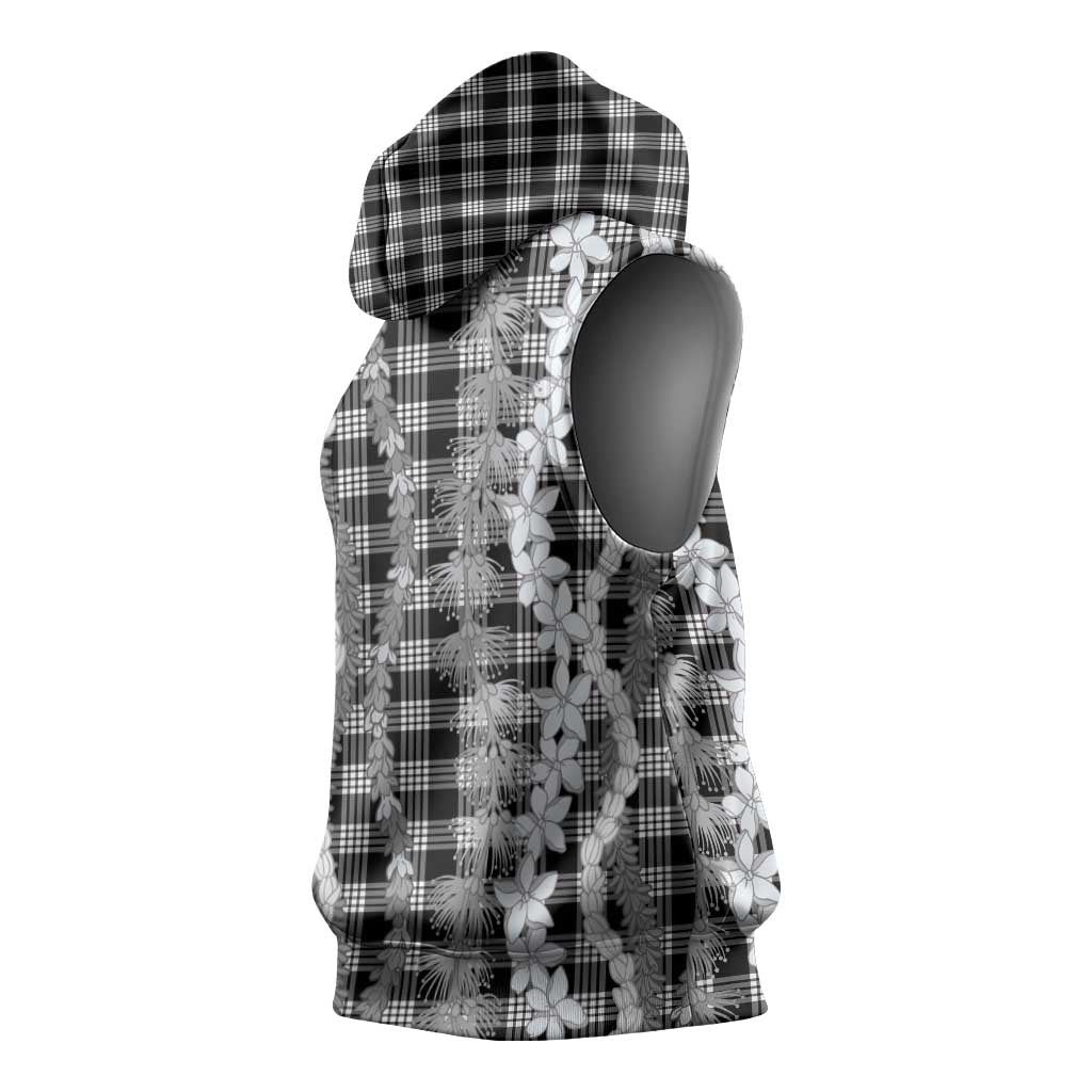 Hawaiian Ohia Lehua Lei Sleeveless Hoodie Plaid Palaka Eleele Pattern LT9 - Polynesian Pride