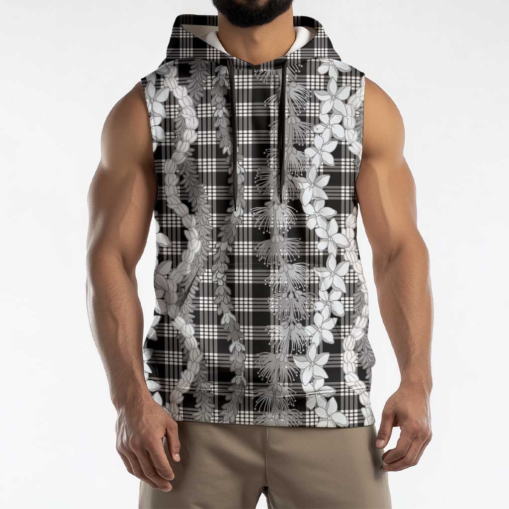 Hawaiian Ohia Lehua Lei Sleeveless Hoodie Plaid Palaka Eleele Pattern LT9 - Polynesian Pride