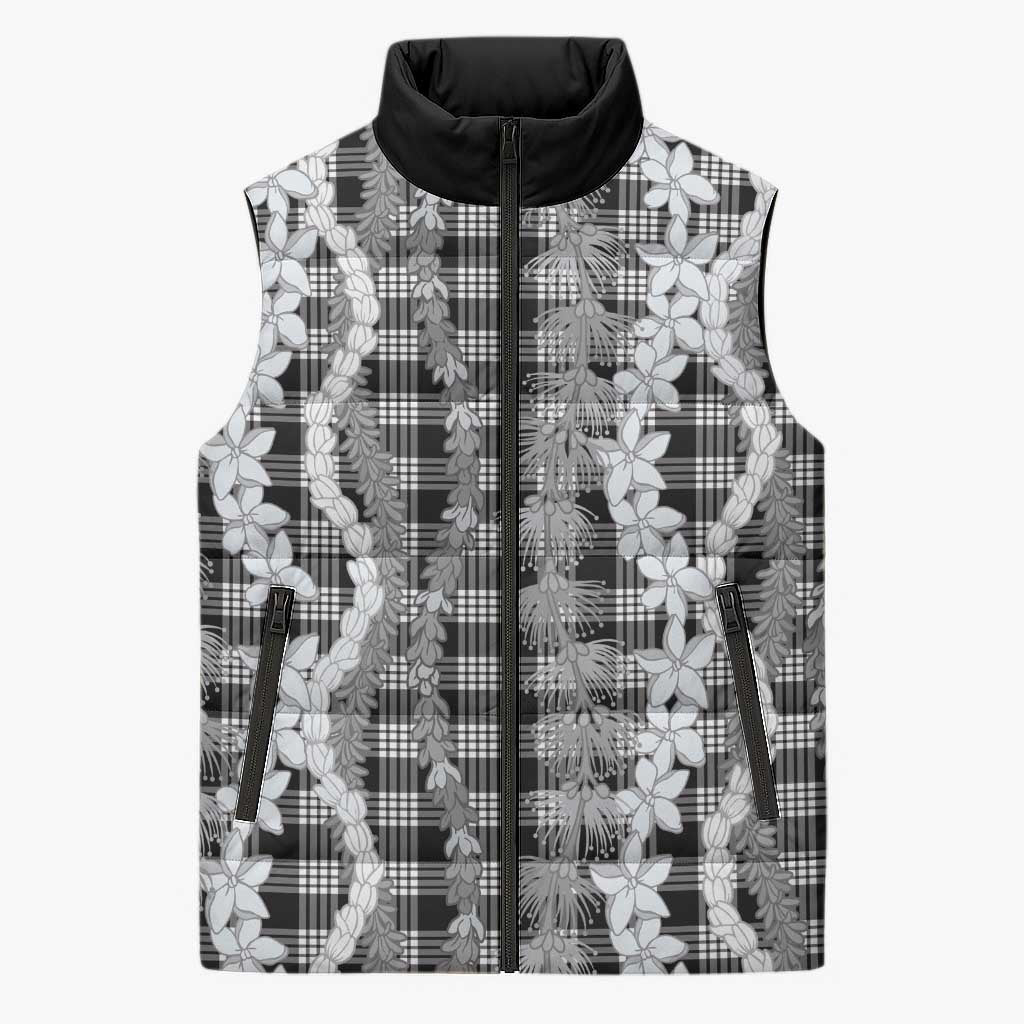 Hawaiian Ohia Lehua Lei Sleeveless Puffer Jacket Plaid Palaka Eleele Pattern LT9 Unisex Black - Polynesian Pride