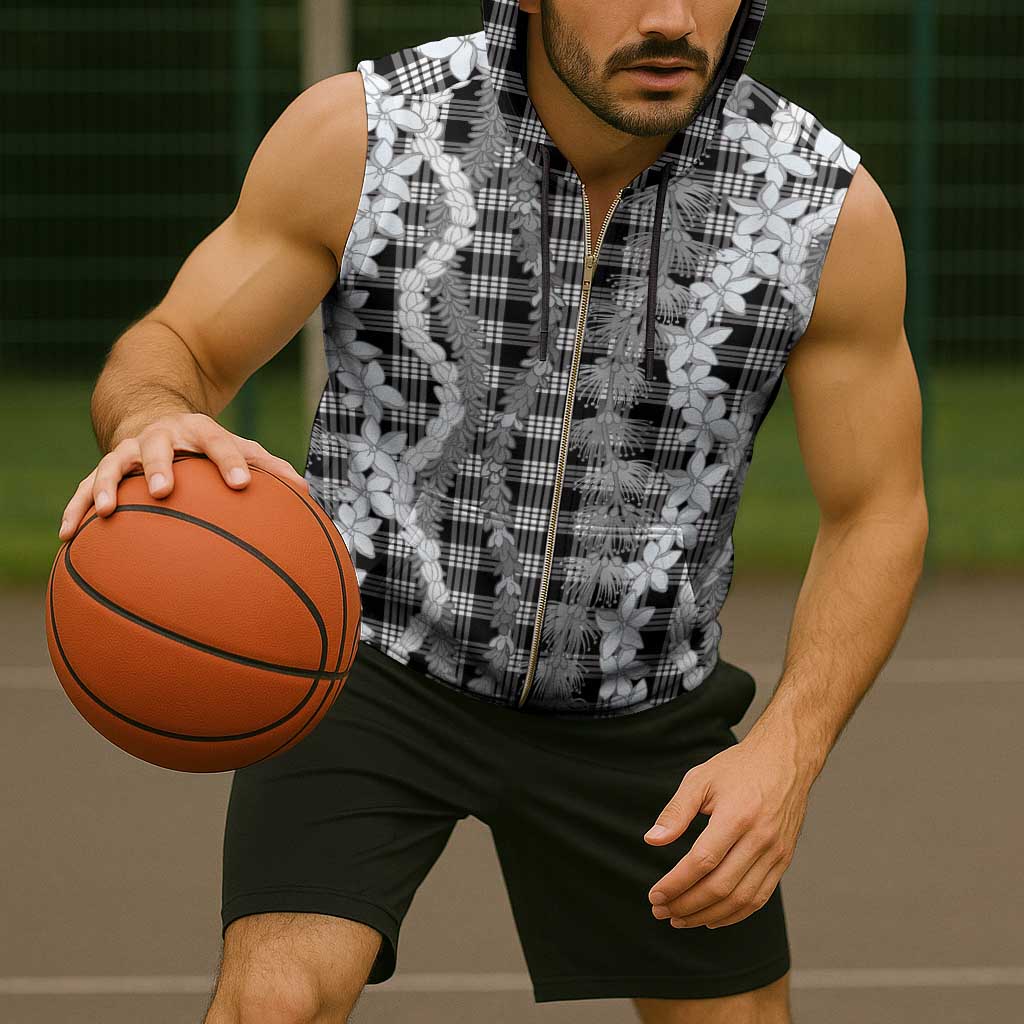 Hawaiian Ohia Lehua Lei Sleeveless Zip Hoodie Plaid Palaka Eleele Pattern - Polynesian Pride