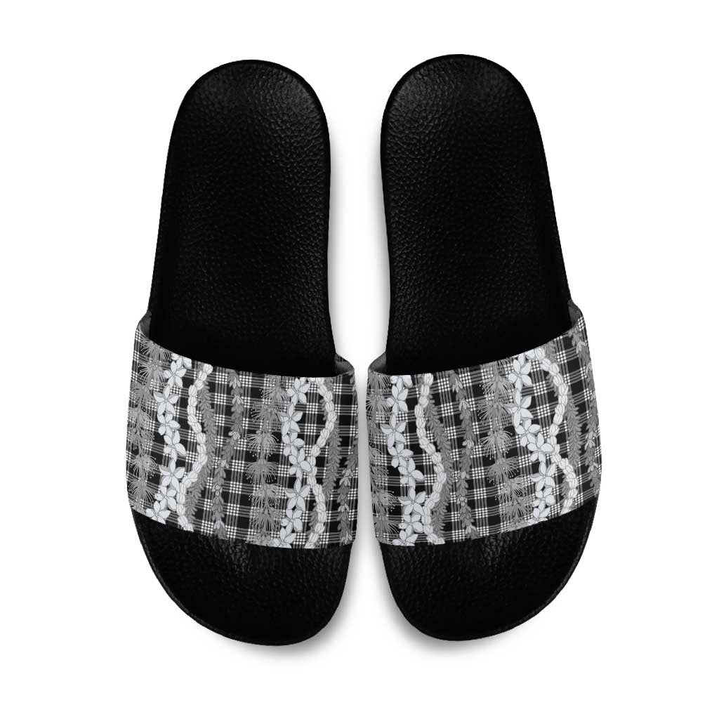 Hawaiian Ohia Lehua Lei Slide Sandals Plaid Palaka Eleele Pattern LT9 Black - Polynesian Pride