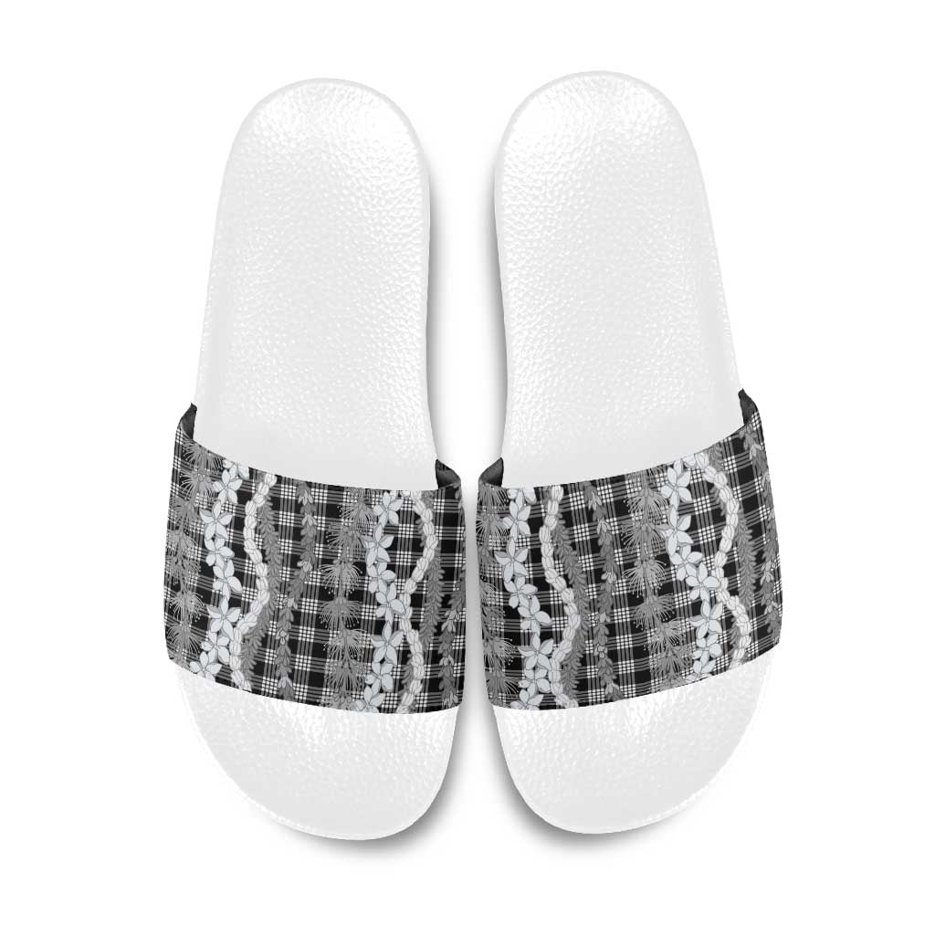 Hawaiian Ohia Lehua Lei Slide Sandals Plaid Palaka Eleele Pattern LT9 Black - Polynesian Pride