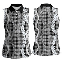 Hawaiian Ohia Lehua Lei Women Sleeveless Polo Shirt Plaid Palaka Eleele Pattern - Polynesian Pride