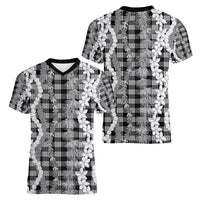 Hawaiian Ohia Lehua Lei Women V-Neck T-Shirt Plaid Palaka Eleele Pattern - Polynesian Pride