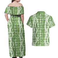 Hawaiian Ohia Lehua Lei Couples Matching Off Shoulder Maxi Dress and Hawaiian Shirt Plaid Palaka Omaomao Pattern - Polynesian Pride