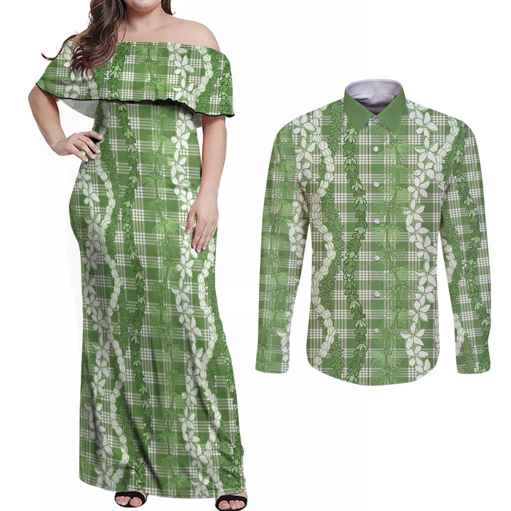 Hawaiian Ohia Lehua Lei Couples Matching Off Shoulder Maxi Dress and Long Sleeve Button Shirt Plaid Palaka Omaomao Pattern - Polynesian Pride
