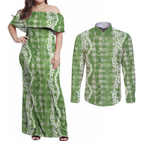 Hawaiian Ohia Lehua Lei Couples Matching Off Shoulder Maxi Dress and Long Sleeve Button Shirt Plaid Palaka Omaomao Pattern - Polynesian Pride