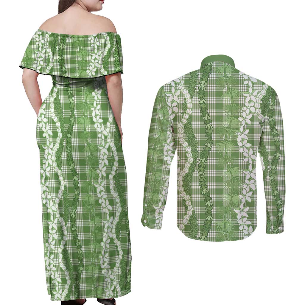 Hawaiian Ohia Lehua Lei Couples Matching Off Shoulder Maxi Dress and Long Sleeve Button Shirt Plaid Palaka Omaomao Pattern - Polynesian Pride