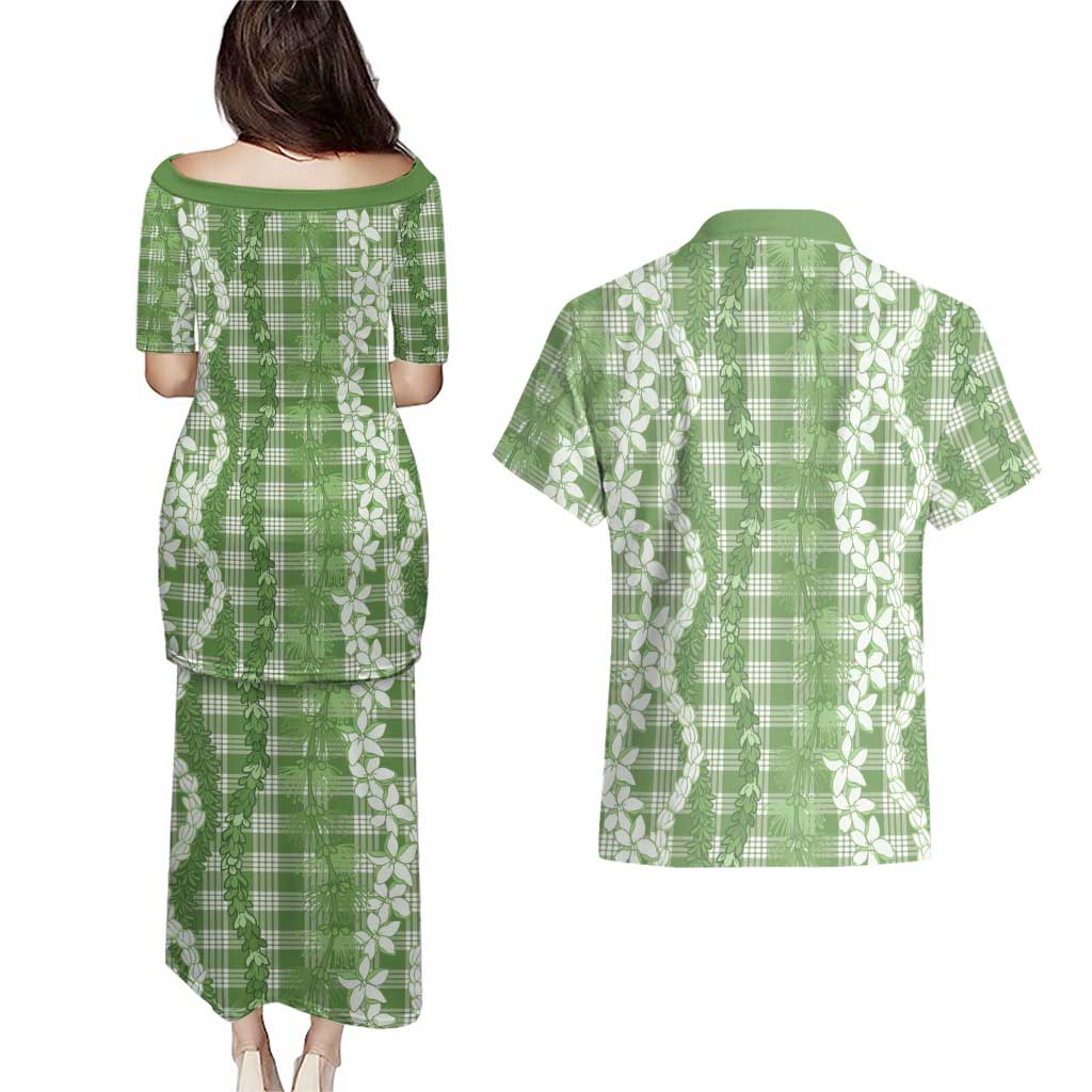 Hawaiian Ohia Lehua Lei Couples Matching Puletasi and Hawaiian Shirt Plaid Palaka Omaomao Pattern - Polynesian Pride
