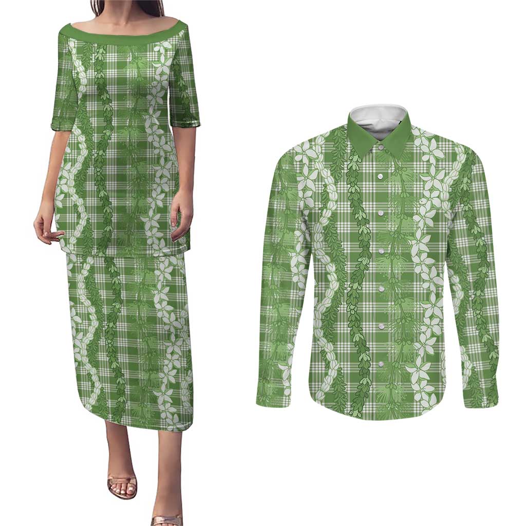 Hawaiian Ohia Lehua Lei Couples Matching Puletasi and Long Sleeve Button Shirt Plaid Palaka Omaomao Pattern LT9 Green - Polynesian Pride