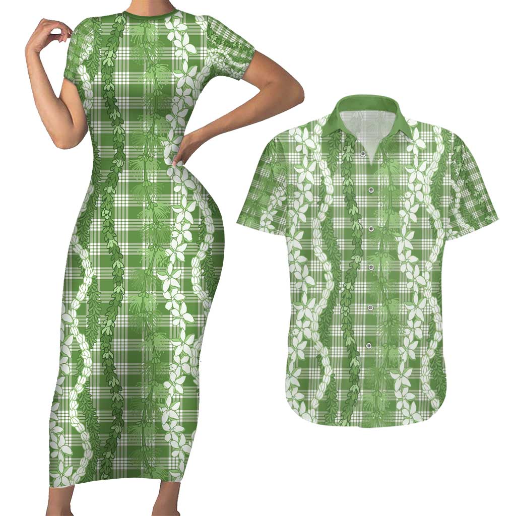 Hawaiian Ohia Lehua Lei Couples Matching Short Sleeve Bodycon Dress and Hawaiian Shirt Plaid Palaka Omaomao Pattern - Polynesian Pride
