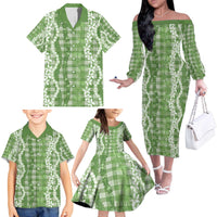 Hawaiian Ohia Lehua Lei Family Matching Off The Shoulder Long Sleeve Dress and Hawaiian Shirt Plaid Palaka Omaomao Pattern - Polynesian Pride