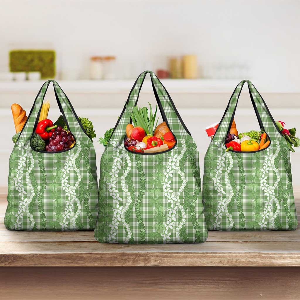 Hawaiian Ohia Lehua Lei Grocery Bag Plaid Palaka Omaomao Pattern LT9 3-pack One Size Green - Polynesian Pride