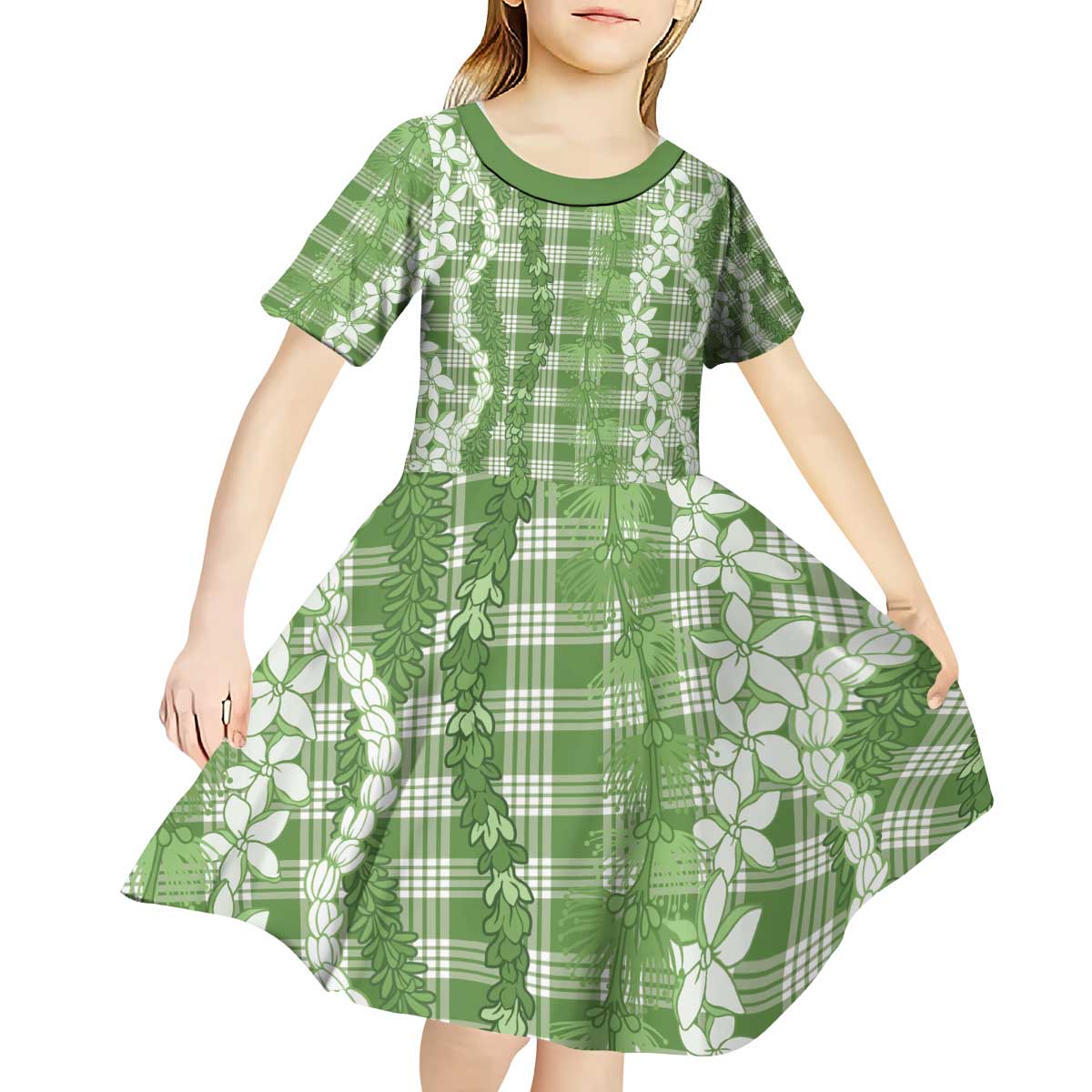 Hawaiian Ohia Lehua Lei Kid Short Sleeve Dress Plaid Palaka Omaomao Pattern - Polynesian Pride