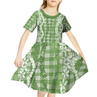 Hawaiian Ohia Lehua Lei Kid Short Sleeve Dress Plaid Palaka Omaomao Pattern - Polynesian Pride