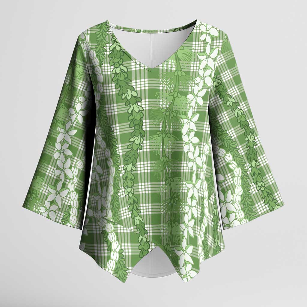 Hawaiian Ohia Lehua Lei Kimono Sleeve Blouse Plaid Palaka Omaomao Pattern LT9 Female Green - Polynesian Pride