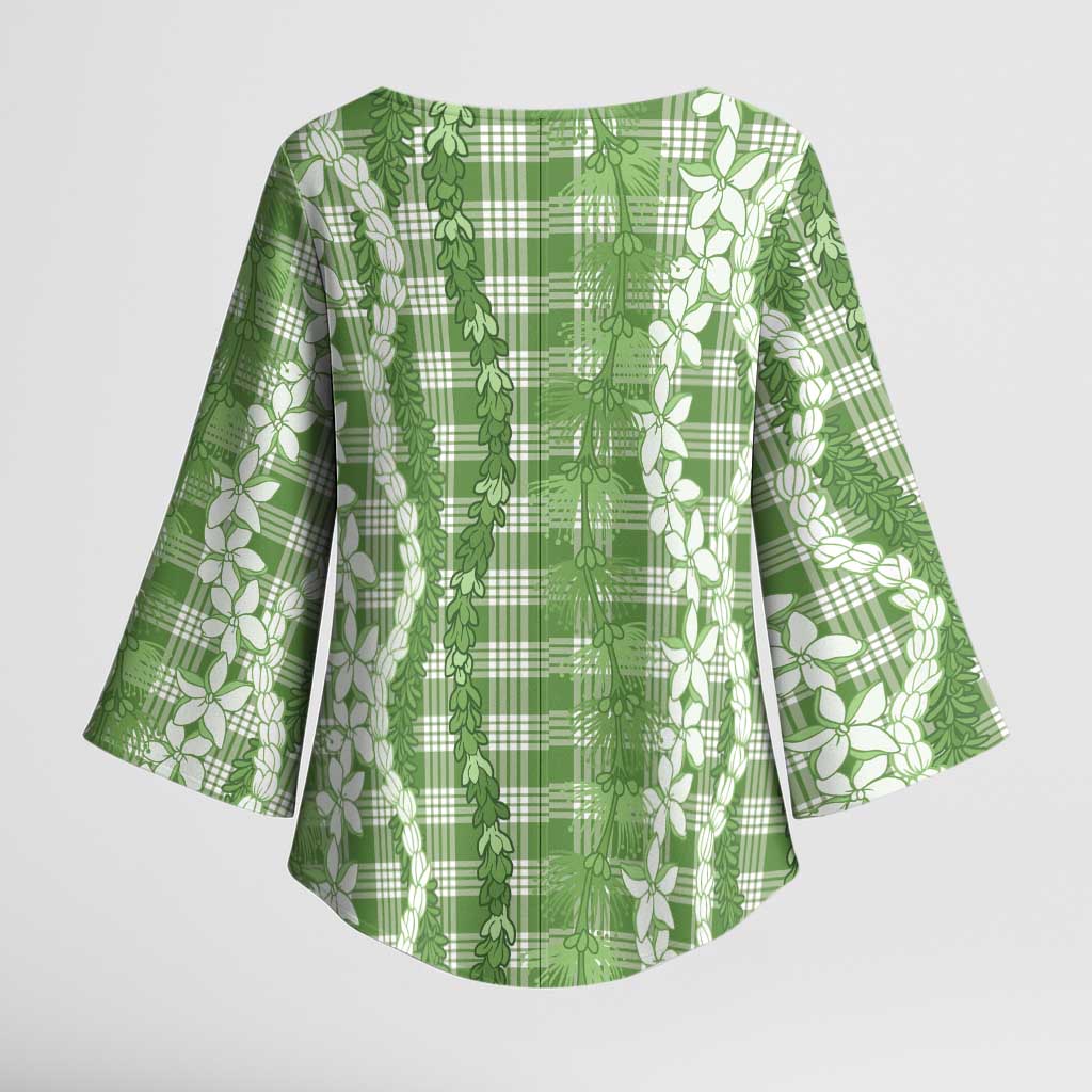 Hawaiian Ohia Lehua Lei Kimono Sleeve Blouse Plaid Palaka Omaomao Pattern LT9 - Polynesian Pride