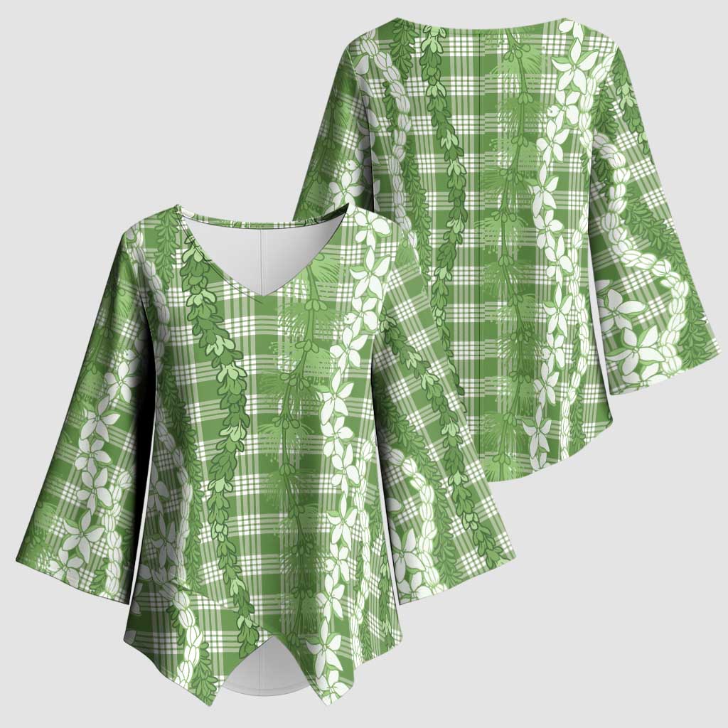 Hawaiian Ohia Lehua Lei Kimono Sleeve Blouse Plaid Palaka Omaomao Pattern LT9 - Polynesian Pride