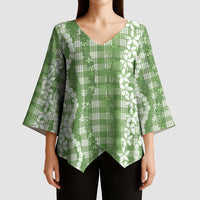 Hawaiian Ohia Lehua Lei Kimono Sleeve Blouse Plaid Palaka Omaomao Pattern LT9 - Polynesian Pride