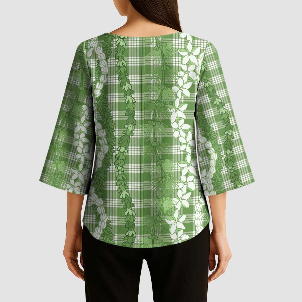 Hawaiian Ohia Lehua Lei Kimono Sleeve Blouse Plaid Palaka Omaomao Pattern LT9 - Polynesian Pride