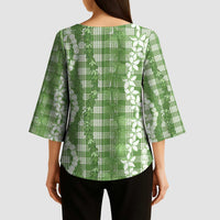 Hawaiian Ohia Lehua Lei Kimono Sleeve Blouse Plaid Palaka Omaomao Pattern LT9 - Polynesian Pride