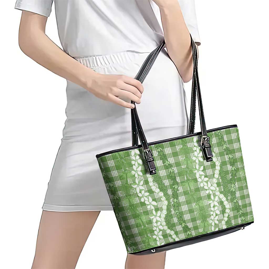 Hawaiian Ohia Lehua Lei Leather Tote Bag Plaid Palaka Omaomao Pattern - Polynesian Pride