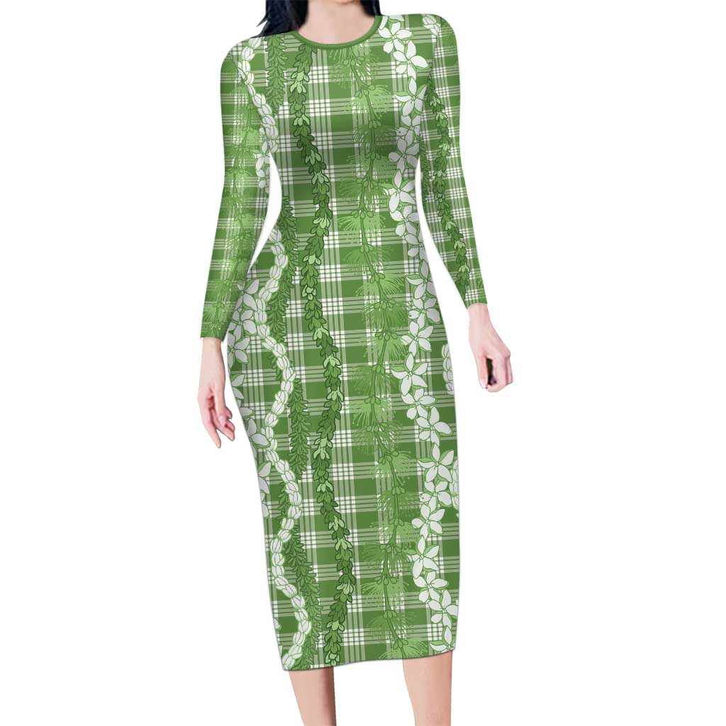 Hawaiian Ohia Lehua Lei Long Sleeve Bodycon Dress Plaid Palaka Omaomao Pattern - Polynesian Pride