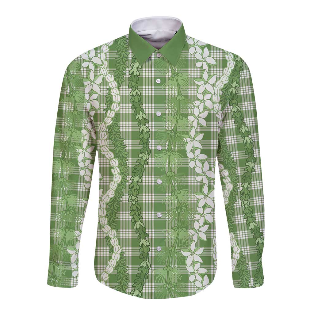 Hawaiian Ohia Lehua Lei Long Sleeve Button Shirt Plaid Palaka Omaomao Pattern LT9 Unisex Green - Polynesian Pride