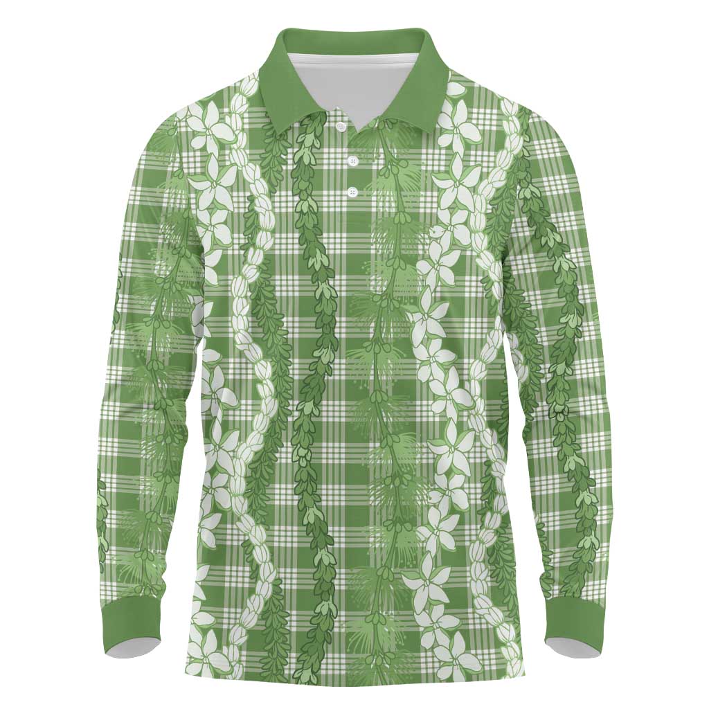 Hawaiian Ohia Lehua Lei Long Sleeve Polo Shirt Plaid Palaka Omaomao Pattern - Polynesian Pride