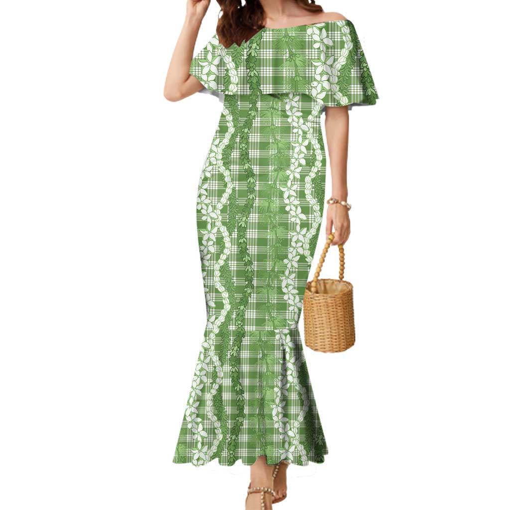 Hawaiian Ohia Lehua Lei Mermaid Dress Plaid Palaka Omaomao Pattern - Polynesian Pride