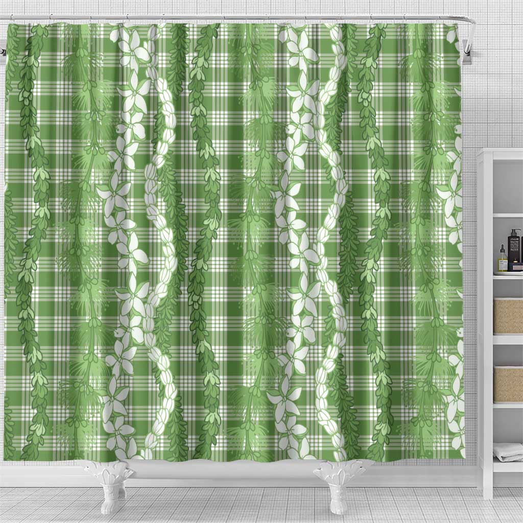 Hawaiian Ohia Lehua Lei Shower Curtain Plaid Palaka Omaomao Pattern - Polynesian Pride