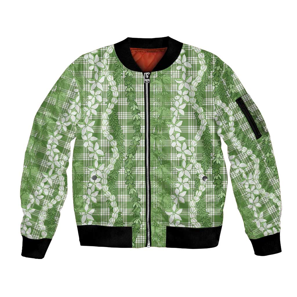 Hawaiian Ohia Lehua Lei Sleeve Zip Bomber Jacket Plaid Palaka Omaomao Pattern LT9 Unisex Green - Polynesian Pride