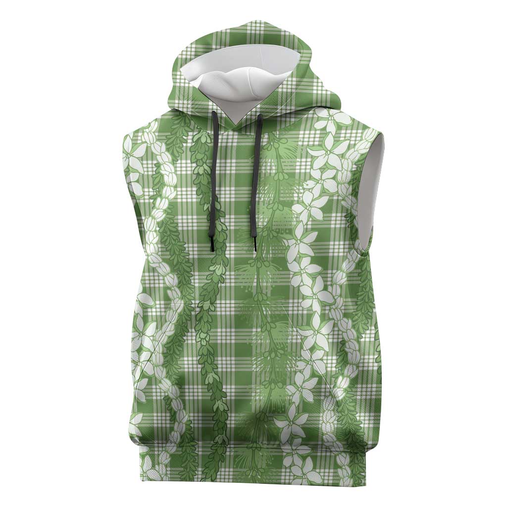 Hawaiian Ohia Lehua Lei Sleeveless Hoodie Plaid Palaka Omaomao Pattern LT9 Green - Polynesian Pride