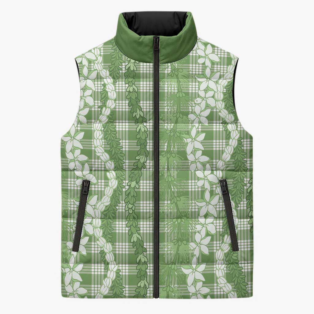Hawaiian Ohia Lehua Lei Sleeveless Puffer Jacket Plaid Palaka Omaomao Pattern LT9 Unisex Green - Polynesian Pride
