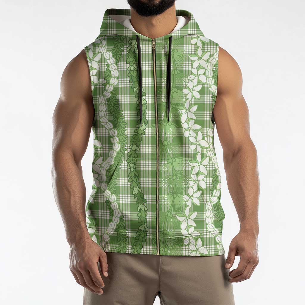 Hawaiian Ohia Lehua Lei Sleeveless Zip Hoodie Plaid Palaka Omaomao Pattern - Polynesian Pride