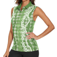 Hawaiian Ohia Lehua Lei Women Sleeveless Polo Shirt Plaid Palaka Omaomao Pattern - Polynesian Pride