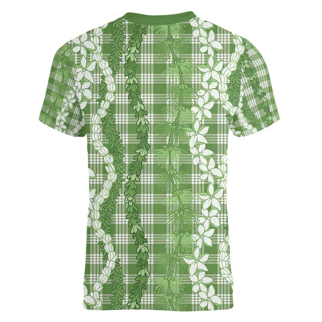 Hawaiian Ohia Lehua Lei Women V-Neck T-Shirt Plaid Palaka Omaomao Pattern - Polynesian Pride