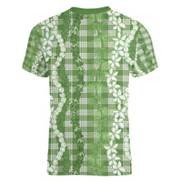 Hawaiian Ohia Lehua Lei Women V-Neck T-Shirt Plaid Palaka Omaomao Pattern - Polynesian Pride