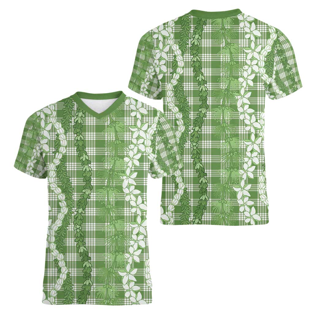 Hawaiian Ohia Lehua Lei Women V-Neck T-Shirt Plaid Palaka Omaomao Pattern - Polynesian Pride