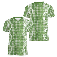 Hawaiian Ohia Lehua Lei Women V-Neck T-Shirt Plaid Palaka Omaomao Pattern - Polynesian Pride