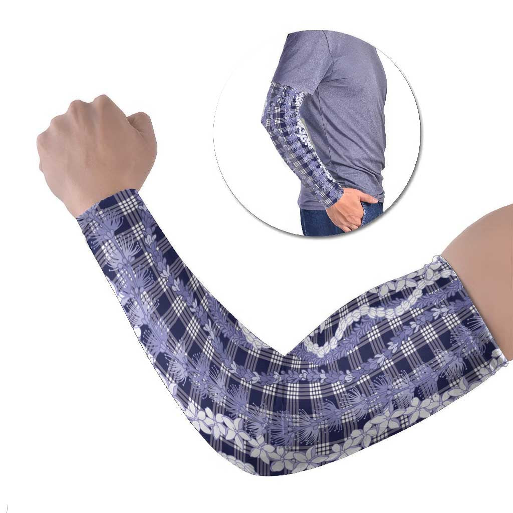 Hawaiian Ohia Lehua Lei Arm Sleeves Plaid Palaka Uliuli hohonu Pattern LT9 Set of 2 Navy - Polynesian Pride