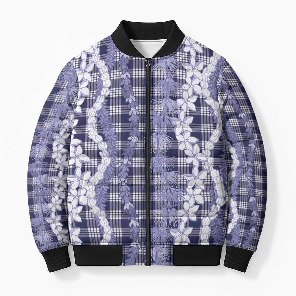Hawaiian Ohia Lehua Lei Bomber Puffer Jacket Plaid Palaka Uliuli hohonu Pattern LT9 Unisex Navy - Polynesian Pride