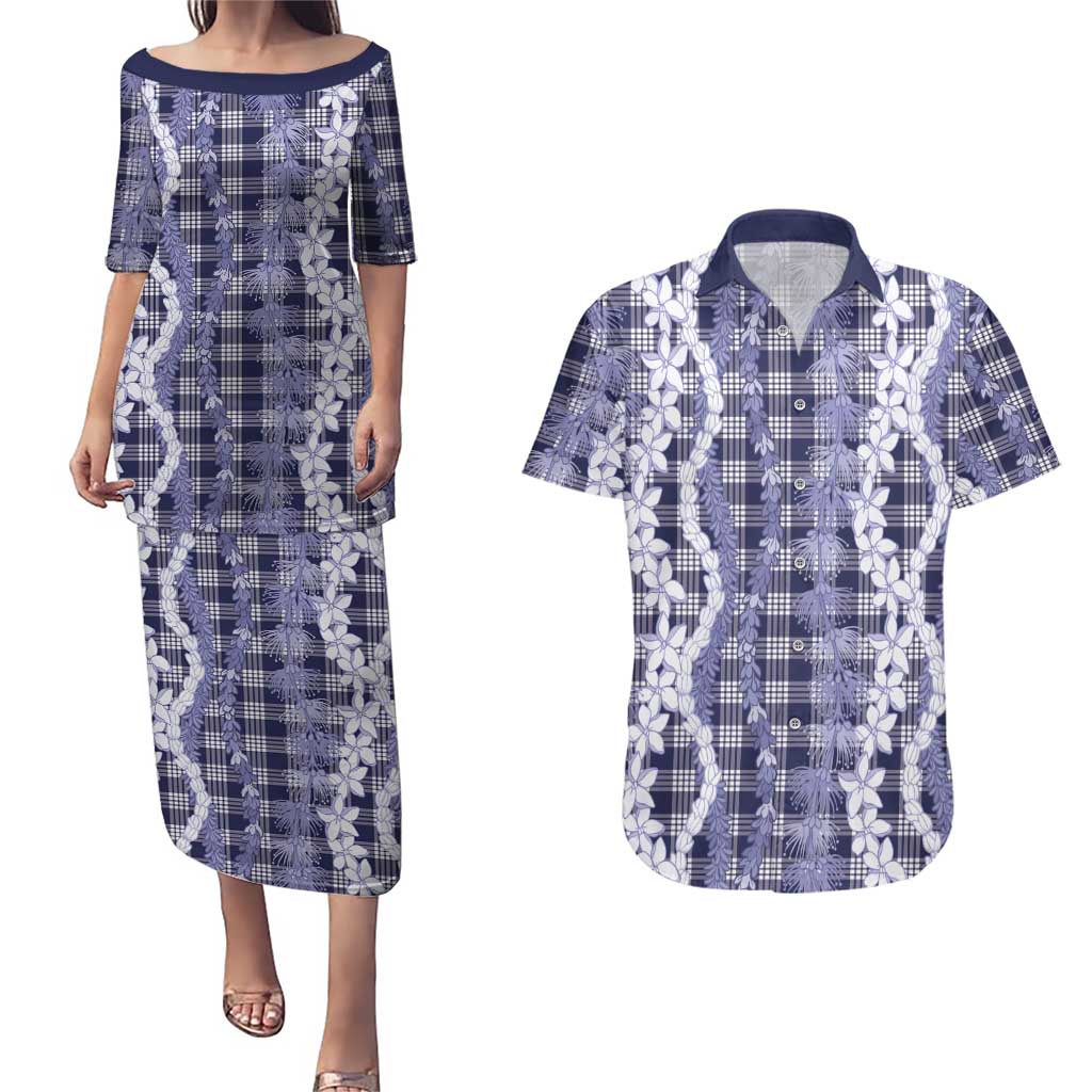 Hawaiian Ohia Lehua Lei Couples Matching Puletasi and Hawaiian Shirt Plaid Palaka Uliuli hohonu Pattern LT9 Navy - Polynesian Pride
