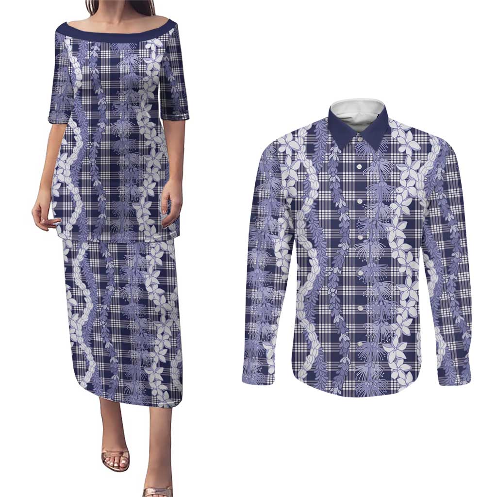 Hawaiian Ohia Lehua Lei Couples Matching Puletasi and Long Sleeve Button Shirt Plaid Palaka Uliuli hohonu Pattern LT9 Navy - Polynesian Pride