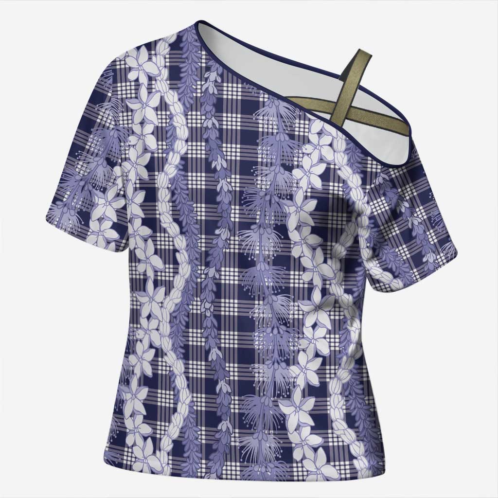 Hawaiian Ohia Lehua Lei Cross Shoulder Shirt Plaid Palaka Uliuli hohonu Pattern LT9 Female Navy - Polynesian Pride