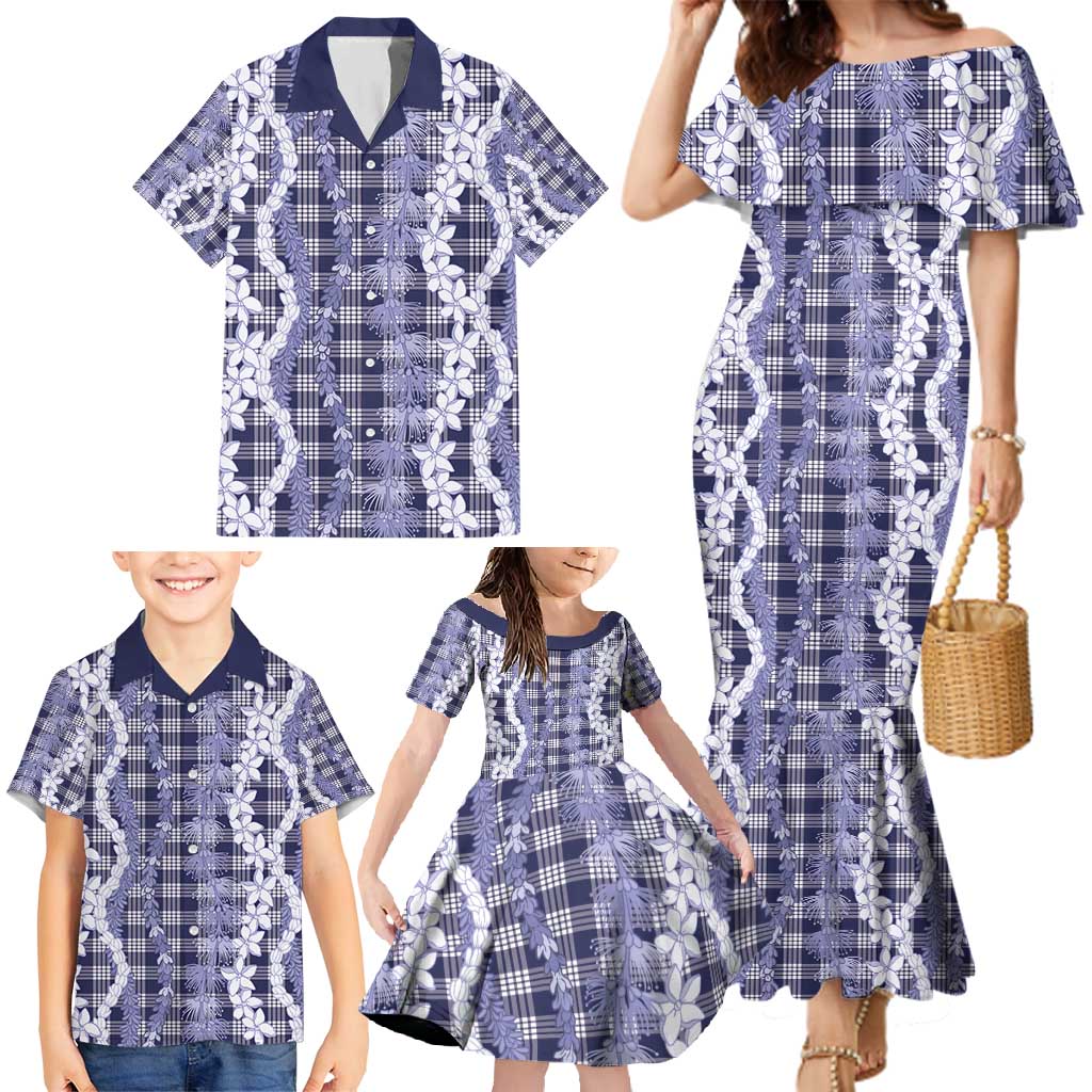 Hawaiian Ohia Lehua Lei Family Matching Mermaid Dress and Hawaiian Shirt Plaid Palaka Uliuli hohonu Pattern - Polynesian Pride