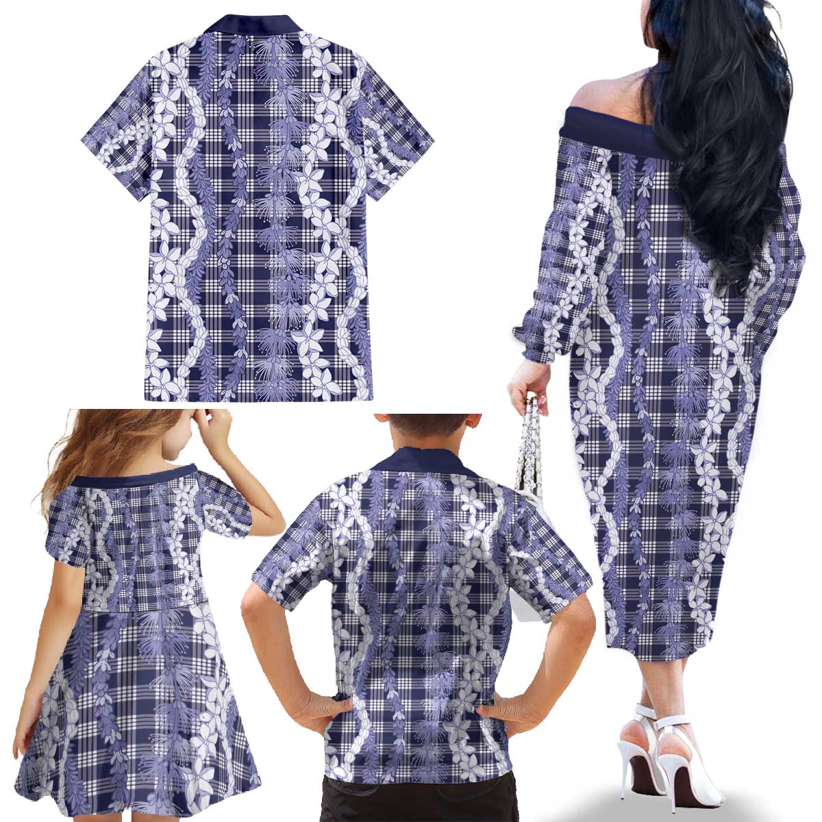 Hawaiian Ohia Lehua Lei Family Matching Off The Shoulder Long Sleeve Dress and Hawaiian Shirt Plaid Palaka Uliuli hohonu Pattern - Polynesian Pride